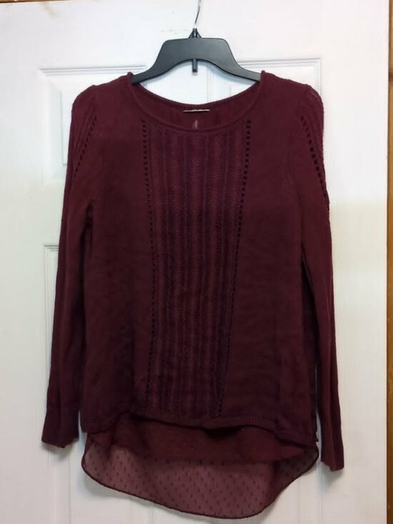 Lucky Brand Sweaters - Lucky Brand Layered Sweater Sz M Chiffon Flyaway Back Maroon Romantic Feminine